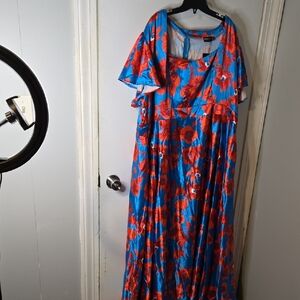 Xpluswear Silky Blue Dress With Red Flowers 5XL